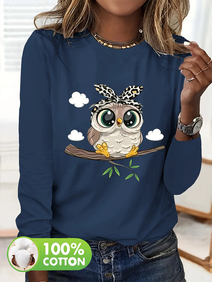 T-shirt da donna in 100% puro cotone, ideale per la primavera e l'autunno, comoda, casual, alla moda, con maniche lunghe, stampa grafica a tema felino e scollo rotondo.