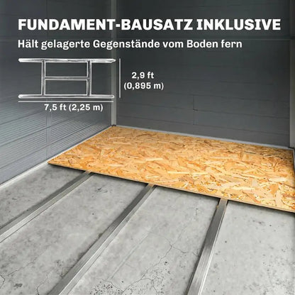 Casetta per attrezzi da giardino con finestra di ventilazione, in plastica e metallo, 240 x 190 x 180/228, Grigio