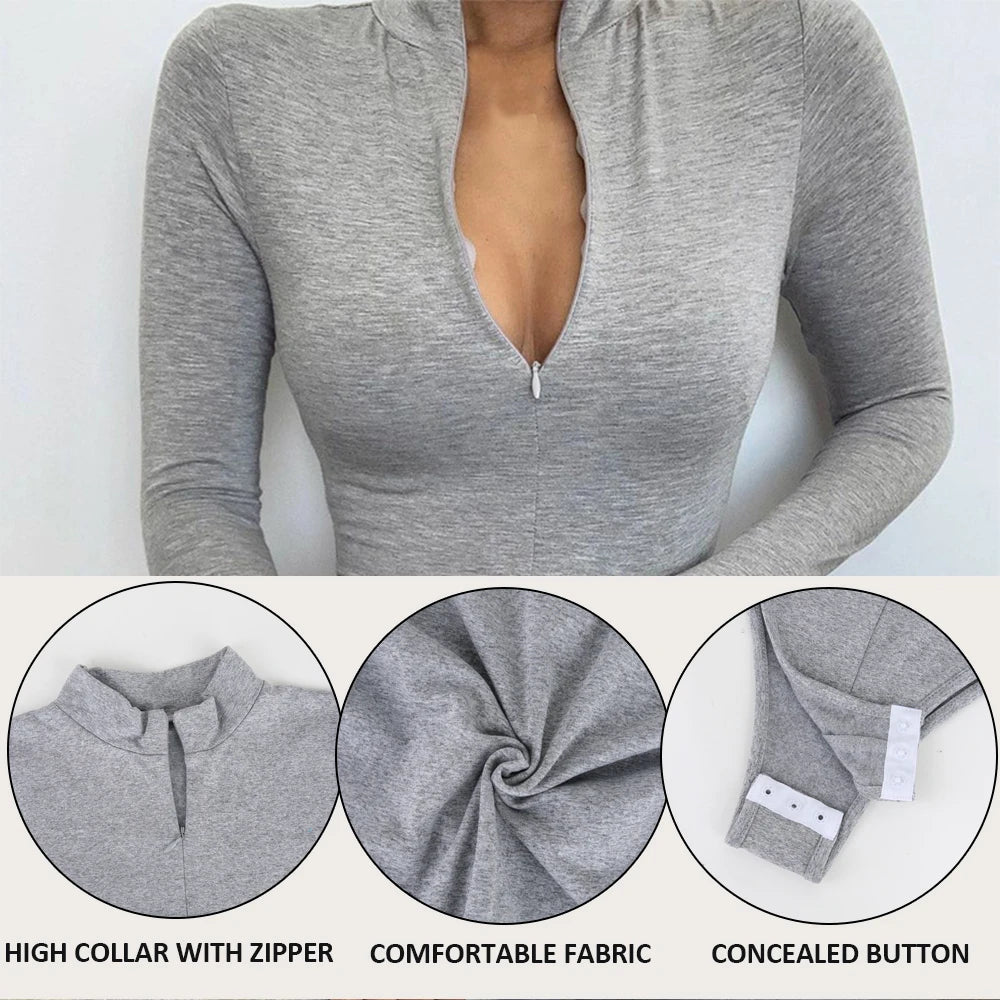 Body con colletto alla coreana con cerniera Donna Manica lunga Spazzolato Abiti invernali con fondo Sexy Streetwear Body Shaper Body pancia piatta