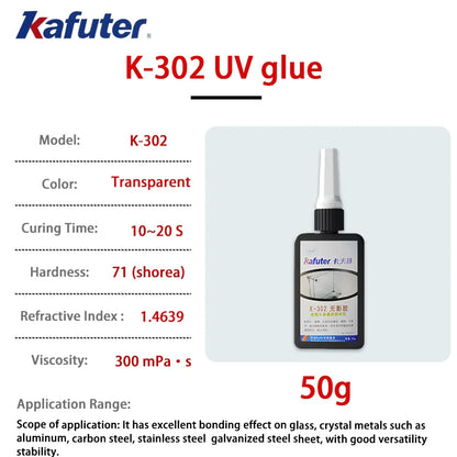 Adesivo UV Kafuter K-300 K-302 K-303 K-306, Colla Trasparente per Vetro, Acrilico e Cristallo, per Riparazioni Fai-da-Te, 50g