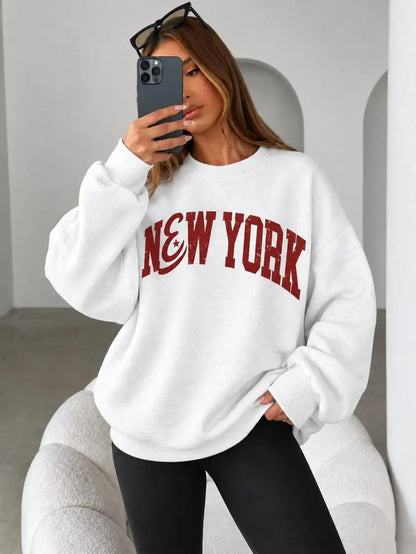 Felpa con stampa a tema New York, felpa da donna con collo alla marinara e fodera in pile, felpe sportive e per il tempo libero, ideali per l’autunno e l’inverno.