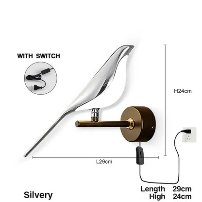 Lampade da Parete LED Girevoli a Forma di Uccello Magpie con Spina EU/US per Comodino, Camera da Letto, Lampade da Parete Nordiche, Applique per Cucina e Sala da Pranzo