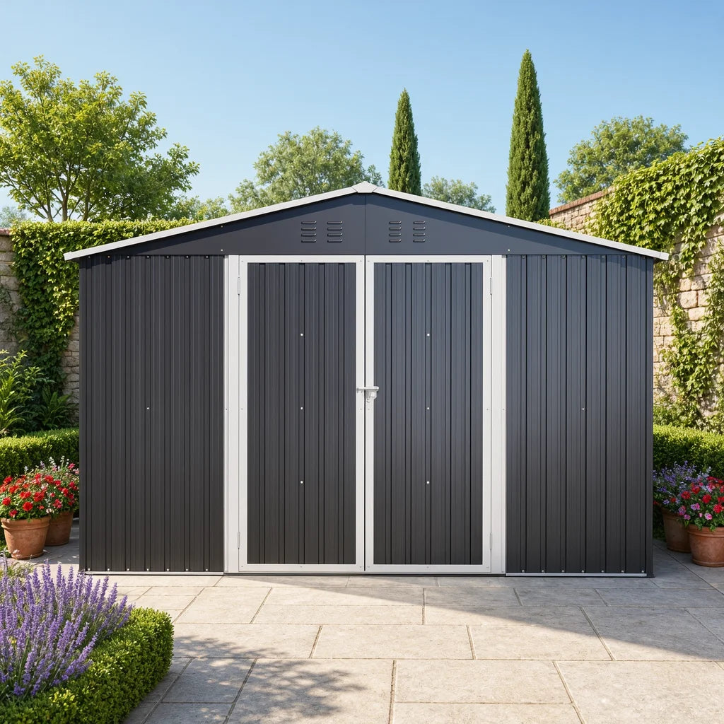 Capannone in acciaio nero resistente alle intemperie, dimensioni 10x8 piedi, con base in metallo, porte con serratura e prese d'aria, adatto a diversi usi: garage, stanza per animali domestici, deposito per bidoni della spazz