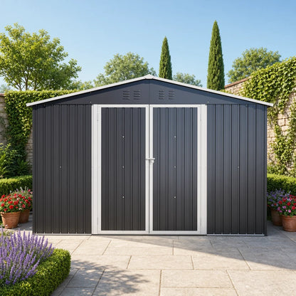 Capannone in acciaio nero resistente alle intemperie, dimensioni 10x8 piedi, con base in metallo, porte con serratura e prese d'aria, adatto a diversi usi: garage, stanza per animali domestici, deposito per bidoni della spazz