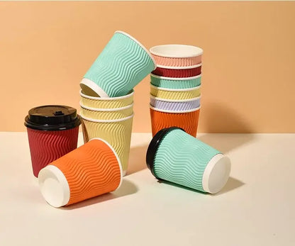 20 set di bicchieri di carta usa e getta colorati, onde di carta ondulata, antiscottatura, tazze da tè al latte, tazze da caffè confezionate da asporto con coperchio