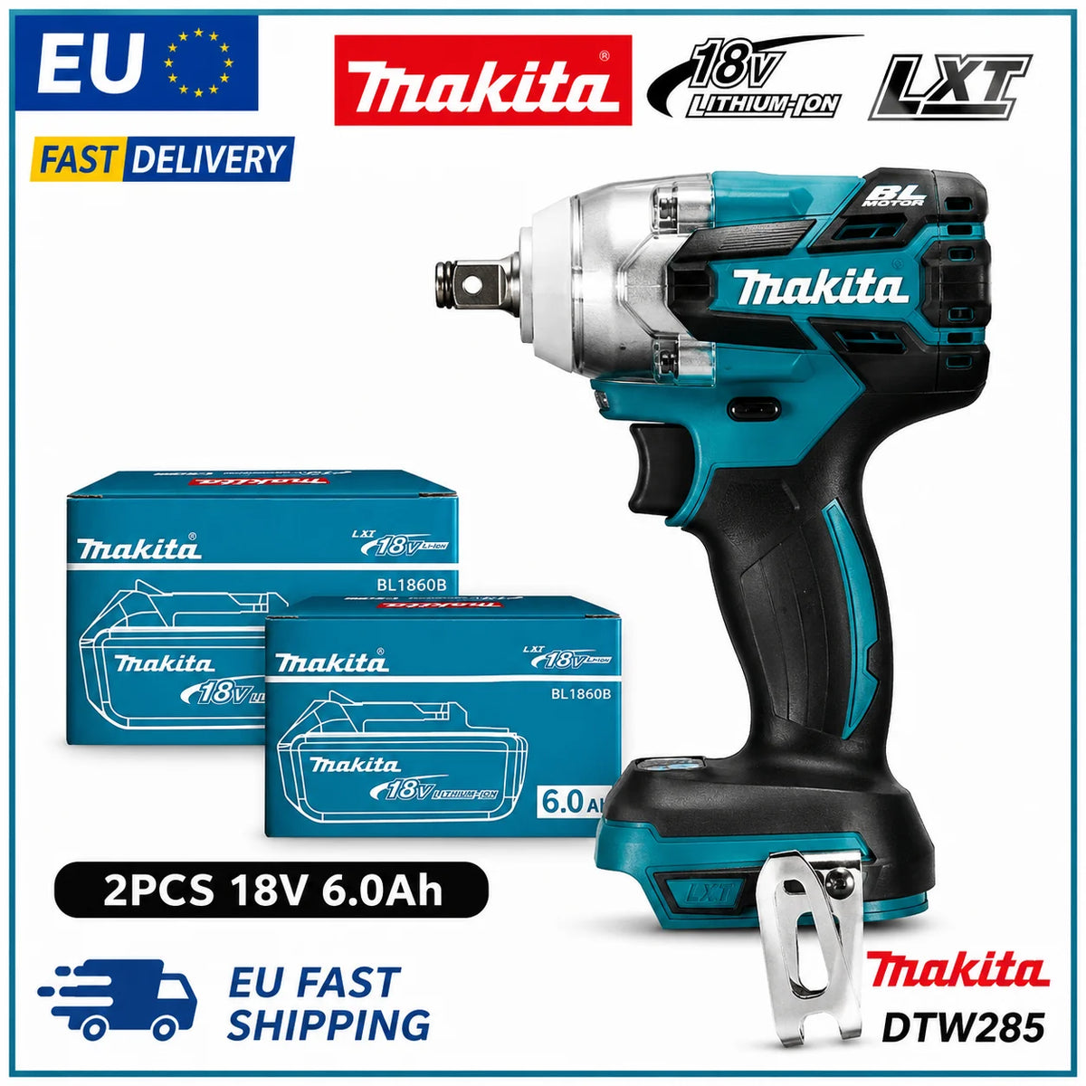 Makita DTW285 Avvitatore a Impulsi 18V 320N·m Senza Spazzole Senza Fili + Batteria 6.0Ah Utensile Elettrico ad Alta Coppia Disponibilità EU Spedizione 1-3 Giorni