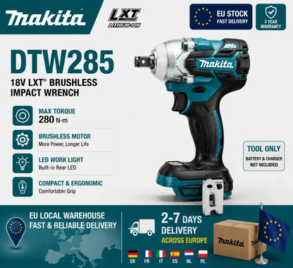Makita DTW285 Avvitatore a Impulsi 18V 320N·m Senza Spazzole Senza Fili + Batteria 6.0Ah Utensile Elettrico ad Alta Coppia Disponibilità EU Spedizione 1-3 Giorni