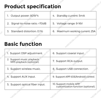 Amplificatore DSP per auto MEKEDE 4*80 W, compatibile con autoradio Android, regolazione EQ tramite app, plug-and-play, supporto fibra ottica/coassiale/AUX/RCA/USB