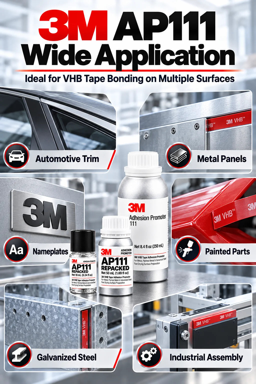 3M AP111 Promotore di Adesione, Primer per Nastro VHB ad Asciugatura Rapida, Preparazione Superficie per Metallo, Acciaio Verniciato e Zincato, Uso Automobilistico, 10ml 50ml