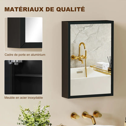 Armadietto Kleankin con specchio per bagno, armadietto a muro Ice Wall con 1 anta e 2 ripiani in acciaio 40x12x60 cm nero