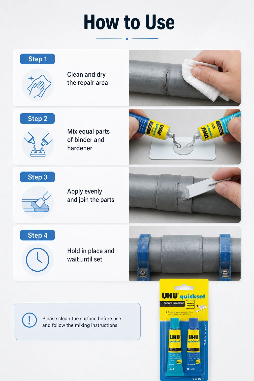 Adesivo Epossidico UHU Quickset 30ml Trasparente Colla Bicomponente AB ad Asciugatura Rapida per Riparazioni di Metallo, Ceramica, Vetro e Plastica