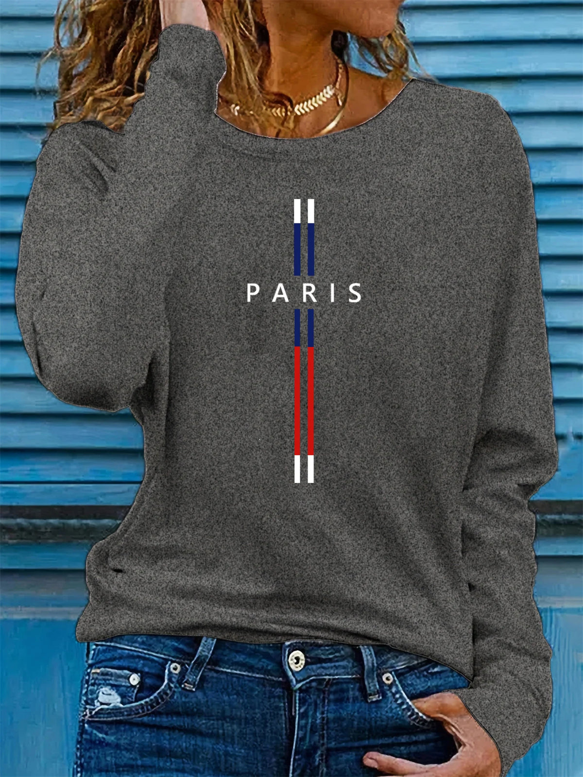 T-shirt da donna in 100% puro cotone, ideale per la primavera e l’autunno, comoda, casual, a maniche lunghe, con stampa grafica a tema parigino e scollo rotondo.