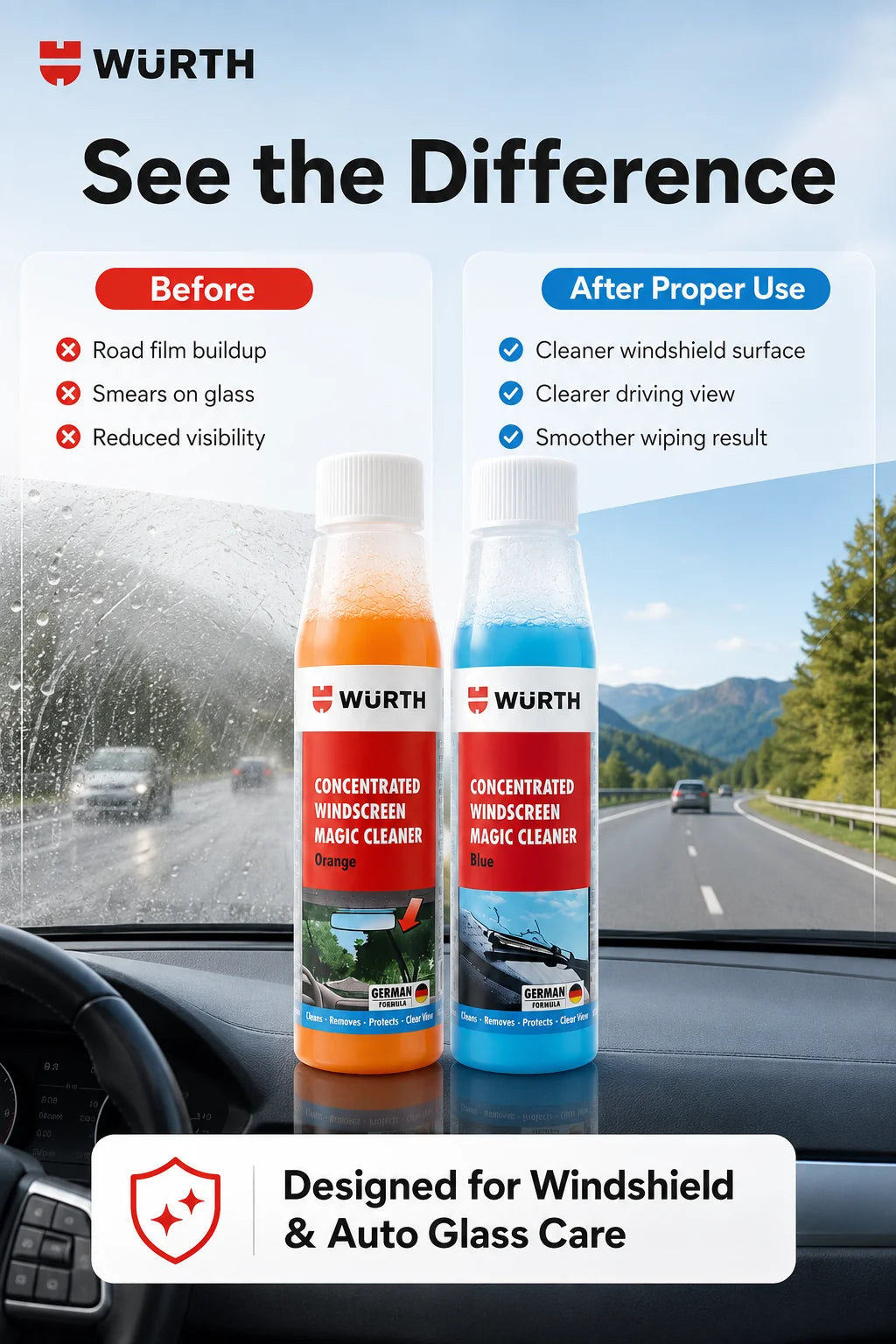 WURTH Detergente Concentrato per Parabrezza 1:100 Miscelazione Rapida Senza Aloni per Vetri Auto 32ml Arancione Blu