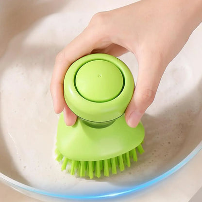 Spazzola per piatti con erogatore di sapone 2 in 1, dotata di spazzola integrata per la pulizia di pentole, padelle e lavelli, fornita con supporto da parete, strumento per la pulizia della cucina.