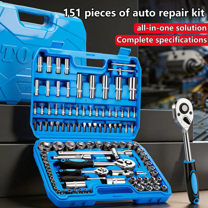 Set di Chiavi a Bussola da 53/82/108/151 Pezzi con Attacco da 1/4", 3/8", 1/2" e Kit di Punte a Cricchetto per Riparazione Auto e Moto, Utensili Manuali da Meccanico con Valigetta