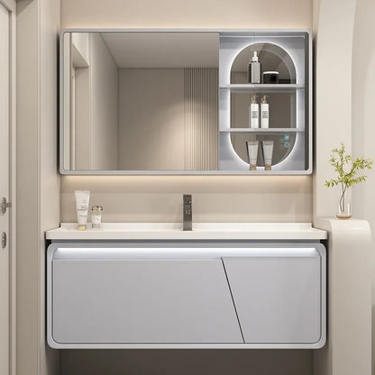 Mobile Bagno Moderno Intelligente con Lavabo Integrato in Ceramica, Armadietti in Rovere, Specchio LED e Mobiletto - Arredamento Bagno