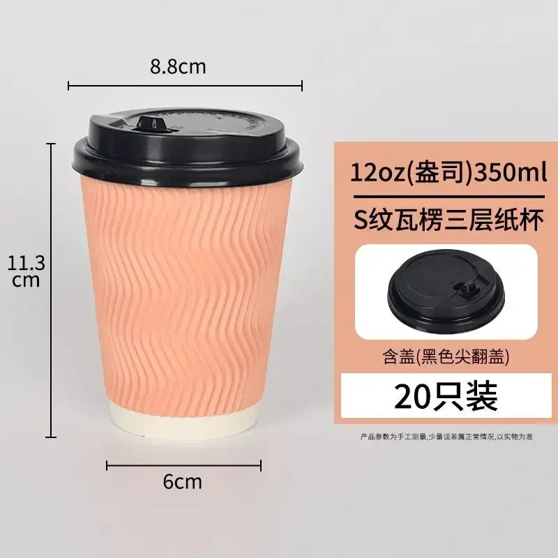 20 set di bicchieri di carta usa e getta colorati, onde di carta ondulata, antiscottatura, tazze da tè al latte, tazze da caffè confezionate da asporto con coperchio