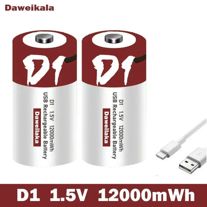 Batteria agli ioni di litio da 1,5 V formato D, 12000 mWh, ricaricabile tramite USB per torce, scaldabagni, giocattoli, include cavo di ricarica gratuito