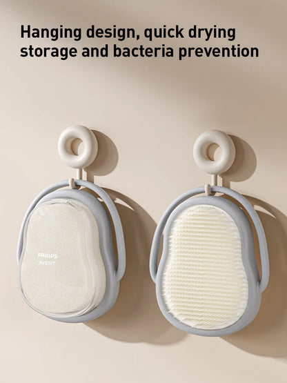 Philips Avent Spazzola per il lavaggio e il massaggio del bambino, doppia funzione, colore grigio nebbia, spazzola da bagno in morbido silicone per bambini da 0 a 12 anni