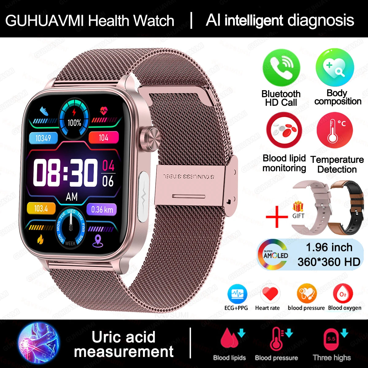 2025 Nuovo AI Diagnosi Lipidi nel sangue Acido urico Test di composizione corporea Smart Watch per uomo ECG + PPG Chiamata Bluetooth Salute Smartwatch