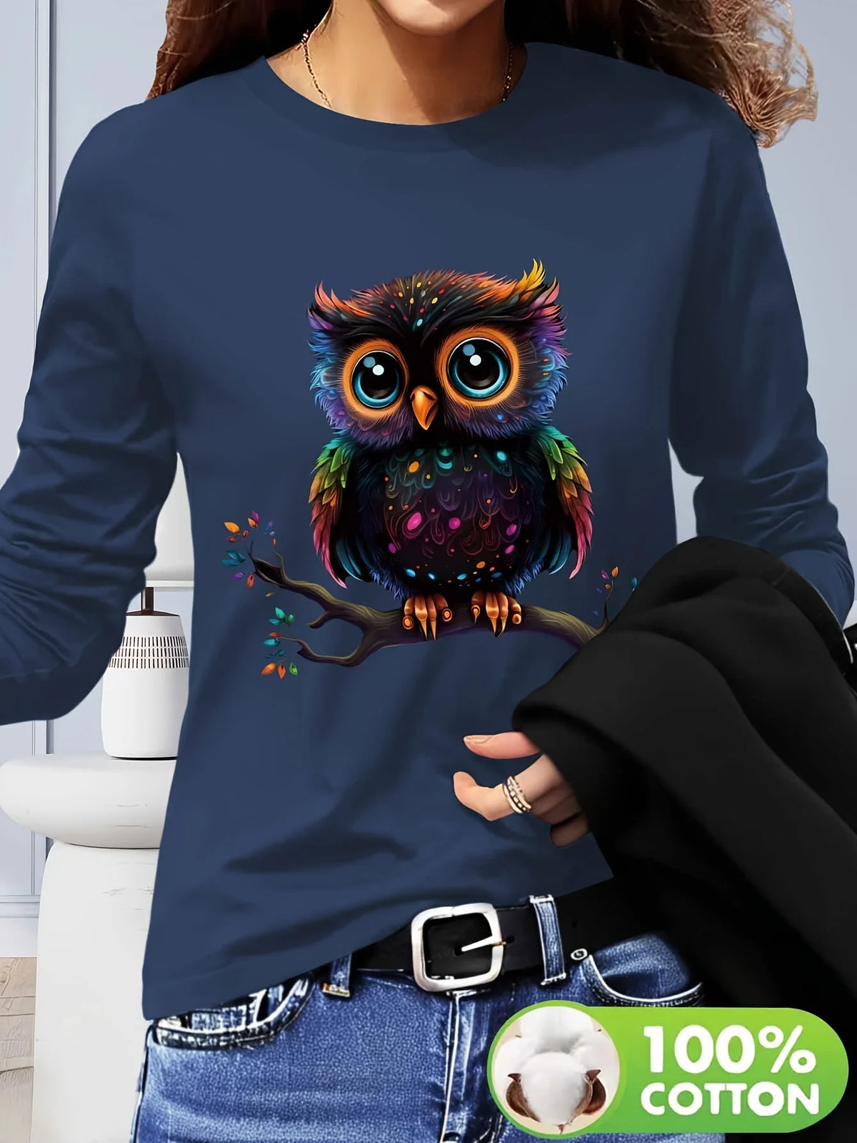 T-shirt girocollo stampata con motivo Torre Eiffel Parigi a maniche lunghe comoda moda primavera e autunno 100% cotone da donna