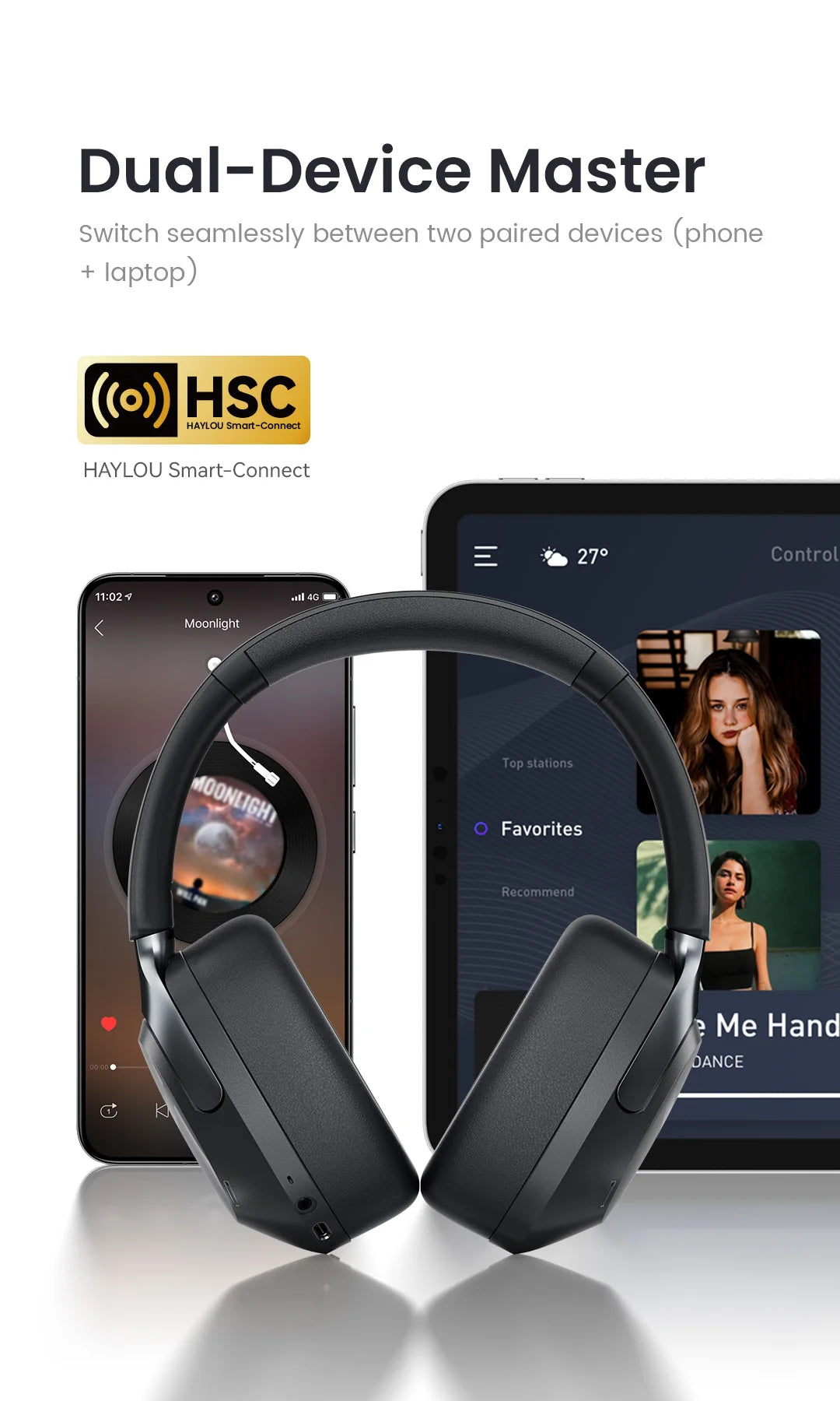 HAYLOU S40 ANC Cuffie wireless Bluetooth 6.0 Audio ad alta risoluzione Cuffie over Ear Auricolari ibridi con cancellazione attiva del rumore da 50 dB