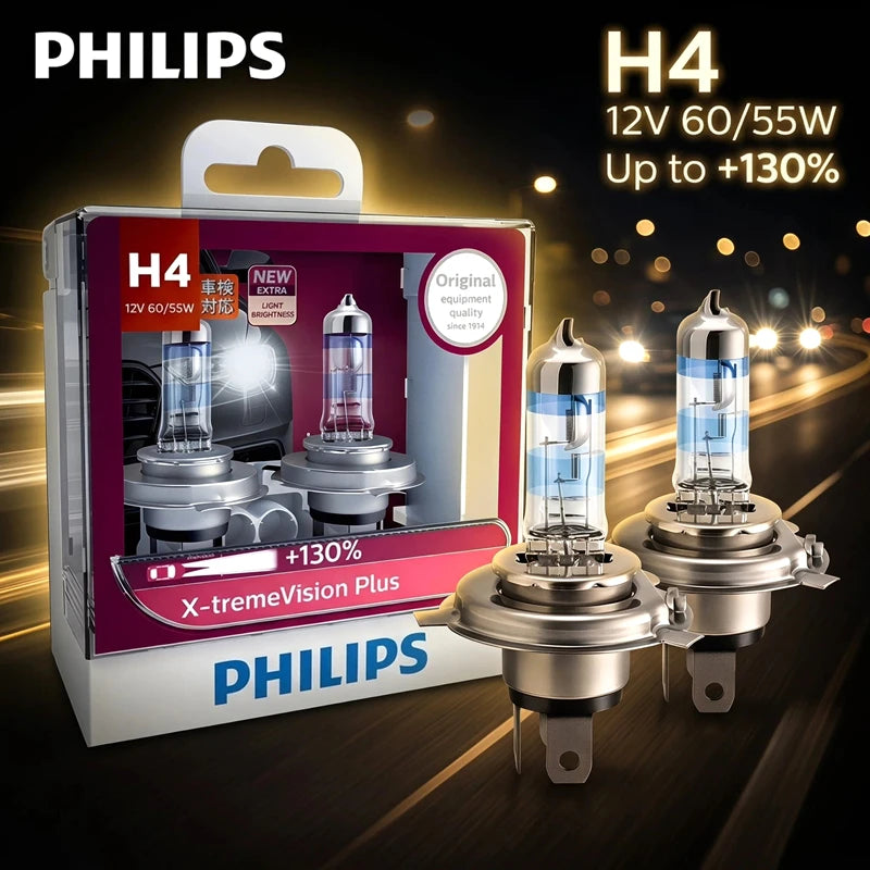 Philips H4 12V 60/55W X-tremeVisio Plus 3700K Luce Brillante Fino al 130% Più Luminosa Faro Alogeno Originale per Auto 12342XV+