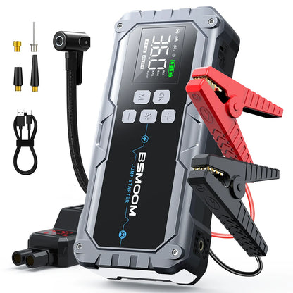 Avviatore di Emergenza Portatile per Auto 1500A, Compressore d'Aria 150PSI 26800mAh/21800mAh, Power Bank con Pompa d'Aria per Gonfiaggio Pneumatici, Avviatore di Emergenza per Auto, Avvia Rapidamente l'Auto, Ingresso/Uscita U
