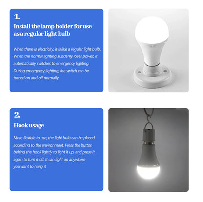 Lampadina LED ricaricabile E27 7W 1500mAh 220V 110V Lampadina di emergenza per alimentazione domestica Lampada da giardino per portico da campeggio in guasto all'aperto