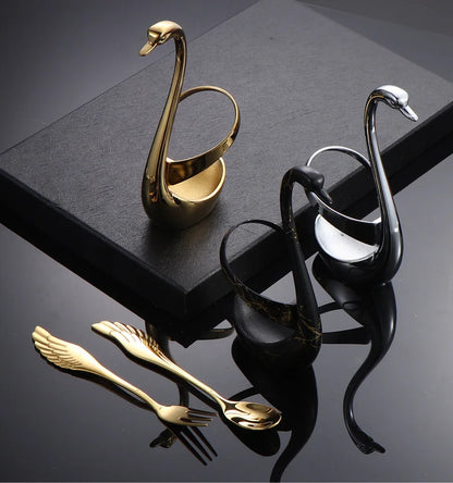 Set di forchette eleganti con base a forma di cigno, cucchiaio da caffè, dessert e insalata in acciaio inossidabile, posate per torte, stoviglie a zero sprechi, dropship