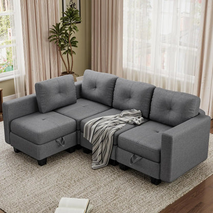Divano componibile con spazio contenitore, chaise longue trasformabile per soggiorno e camera da letto