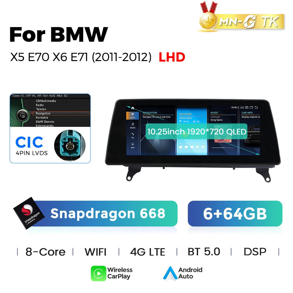 Sistema Multimediale Intelligente MEKEDE con CarPlay Wireless e Android Auto per BMW X5 E70 X6 E71, Schermo QLED da 10.25/12.3 Pollici, Android 14, CPU Snapdragon, Radio e Navigazione GPS per Auto