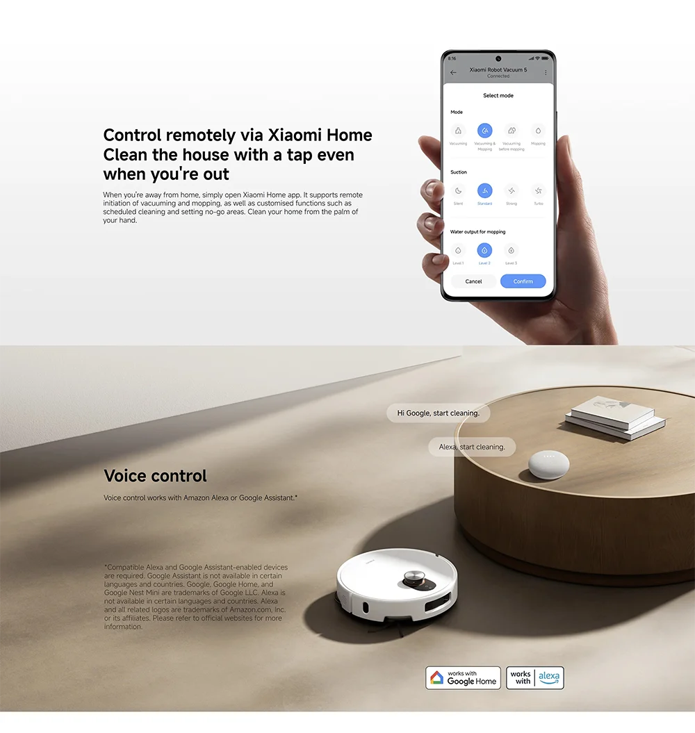 Versione Globale Xiaomi Robot Vacuum 5 Potenza Nominale 55W Capacità Nominale 4800mAh Controllo tramite APP Controllo Vocale Intelligente Aspirazione 20000Pa Aspirapolvere con Mop Estensibile e Spazzola Laterale Sistema di A