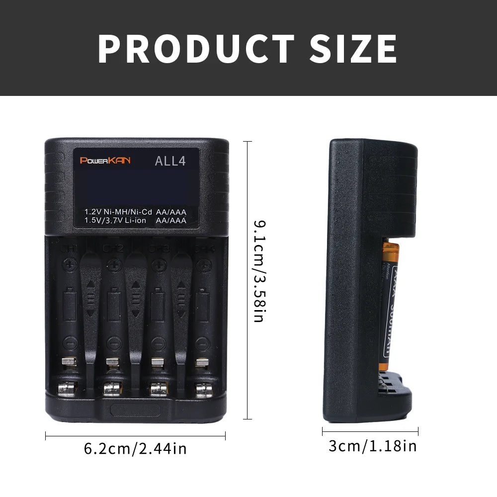 POWERKAN ALL4 AA/AAA Caricabatteria piccolo e conveniente a 4 slot per ioni di litio Hi-MH da 1,2 V e 1,5 V/3,7 V con schermo LCD