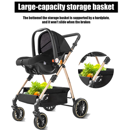 Passeggino 3-in-1 Pieghevole per Neonati con Seggiolino Auto, Sistema da Viaggio Leggero, Sicuro e Stabile, Nuovo Carrozzino