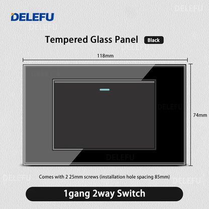 DELEFU Presa a Muro in Vetro Temperato Nero con USB Type-C per Ricarica Rapida, Interruttore Schuko, TV Sat, Telefono, Campanello, Italia/Cile