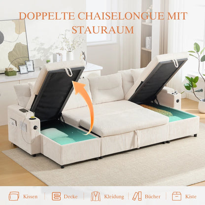 Divano in Velluto a 4 Posti con Vano Portaoggetti Integrato e Portabevande, Divano Moderno con Porte USB e Funzione Letto Estensibile