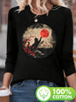 T-shirt girocollo stampata con motivo Torre Eiffel Parigi a maniche lunghe comoda moda primavera e autunno 100% cotone da donna