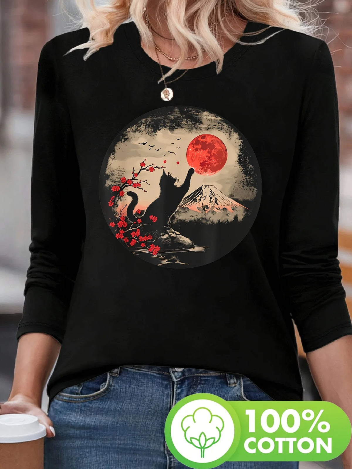T-shirt girocollo stampata con motivo Torre Eiffel Parigi a maniche lunghe comoda moda primavera e autunno 100% cotone da donna