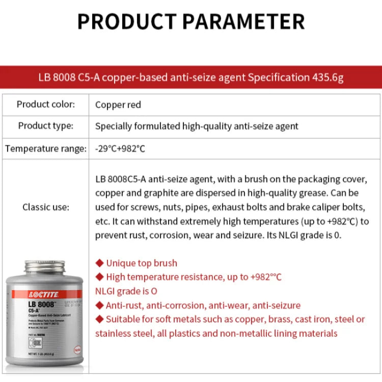 Lubrificante anti-siglia a base di rame Loctite LB 8008 C5-A originale al 100% Grasso per uso generale Lattina da 1 libbra
