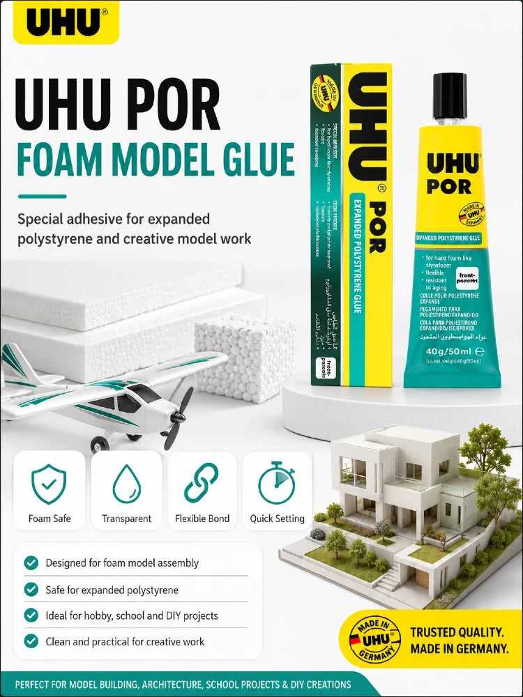 Colla Originale UHU POR per Polistirolo, Adesivo Trasparente Flessibile per Modellini di Aerei RC e Fai-da-Te, 50ML
