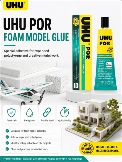 Colla Originale UHU POR per Polistirolo, Adesivo Trasparente Flessibile per Modellini di Aerei RC e Fai-da-Te, 50ML