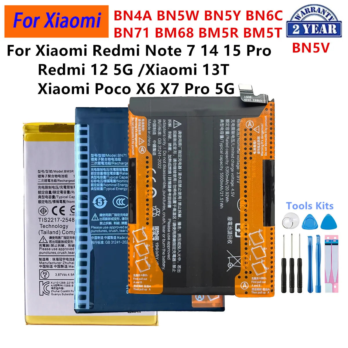 Batteria BN4A BN5W BN5Y BN6C BN71 BM68 BM5R BM5T BN5V BP59 per Xiaomi Redmi Note 7 14 15 Pro Xiaomi 13T Redmi 12 Poco X6 X7 5G
