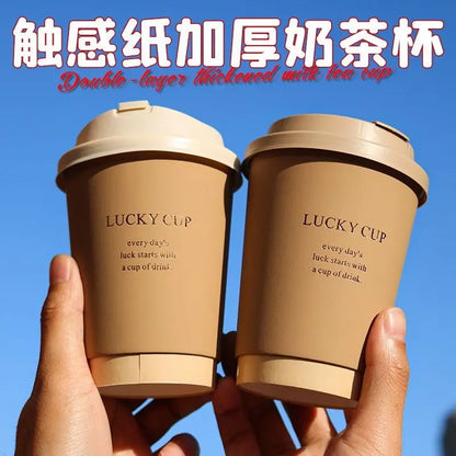 50 pz 330/400/500 ml Bicchieri di carta usa e getta Marrone Stampa a caldo Tazza di tè al latte con coperchio Boccale di caffè per bevande calde e fredde a doppio strato