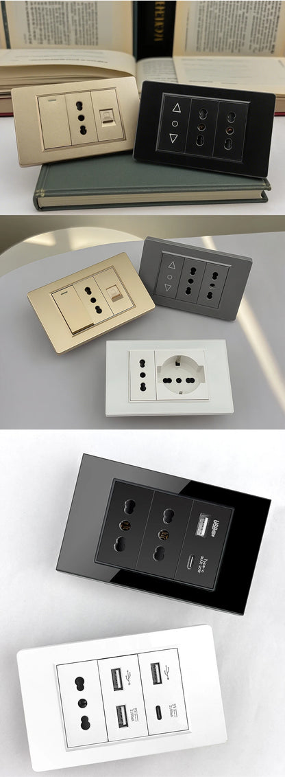 DELEFU Presa a Muro in Vetro Temperato Bianco Italia USB Tipo C Ricarica Rapida Interruttore Schuko TV Satellitare Citofono Cile