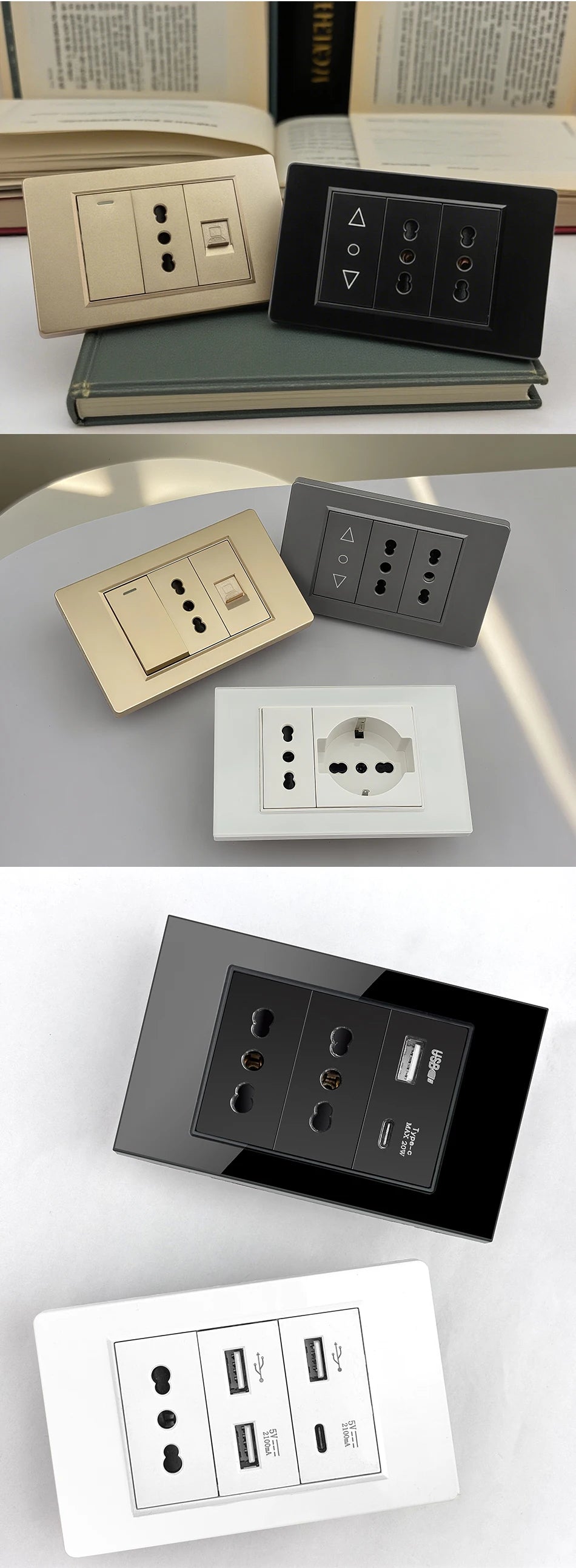 DELEFU Presa a Muro in Vetro Temperato Nero con USB Type-C per Ricarica Rapida, Interruttore Schuko, TV Sat, Telefono, Campanello, Italia/Cile