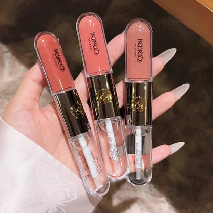 Rossetto a doppia punta Kiko, lucidalabbra effetto specchio trasparente, non sbiadisce, lucidalabbra opaco e vellutato, tinta latte e pasta di fagioli, trucco nude