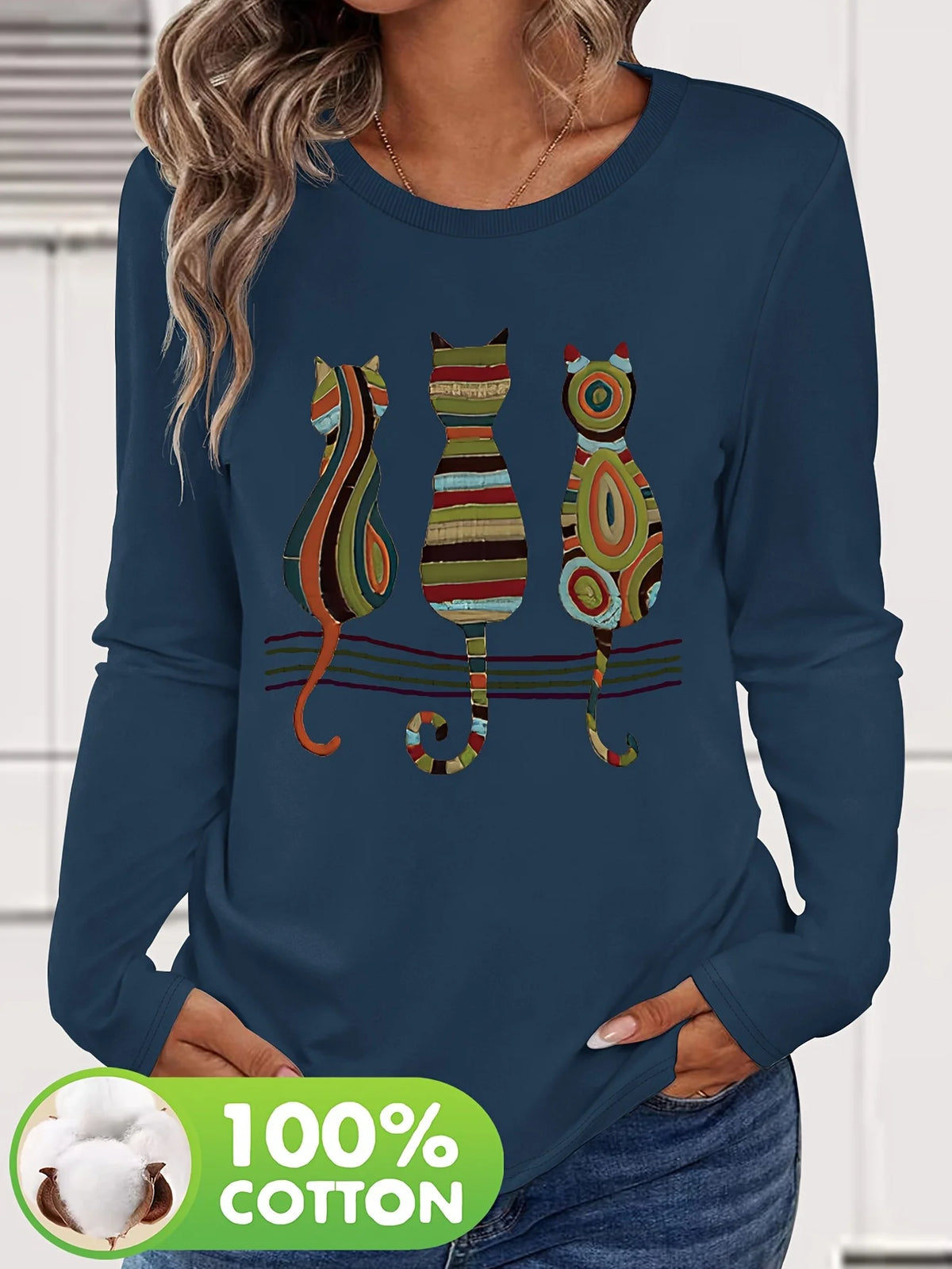T-shirt da donna in 100% puro cotone, a maniche lunghe, con scollo rotondo, stile casual, con stampa grafica floreale, vestibilità ampia, ideale per la primavera e l'autunno.