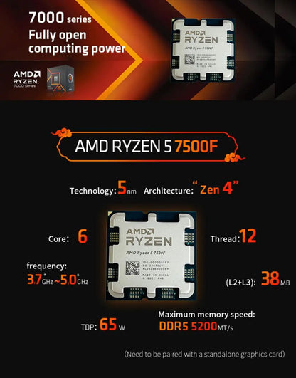 Processore Desktop AMD Ryzen 5 7500F, 6 Core, 5.0GHz, 38MB Cache, Socket AM5 (Dissipatore Non Incluso)