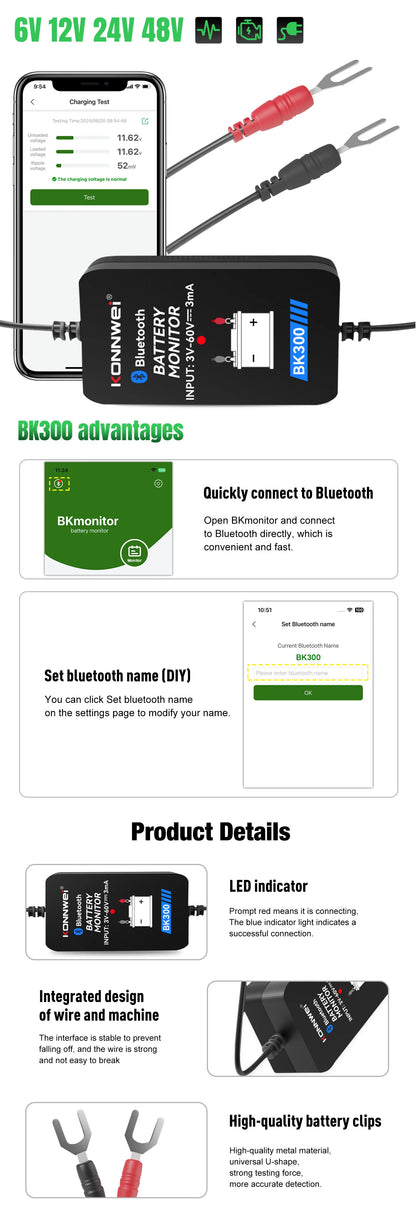 KONNWEI BK300 Tester Bluetooth per Batterie Auto 6V/12V/24V con App Mobile per Auto, Camper, Moto, Camion e Barche